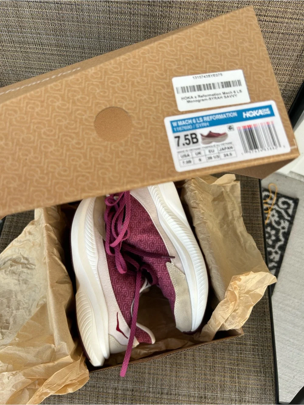Like new HOKA One Mach 6 size 7.5 Reformation X LS Monogram Sneakers pink white